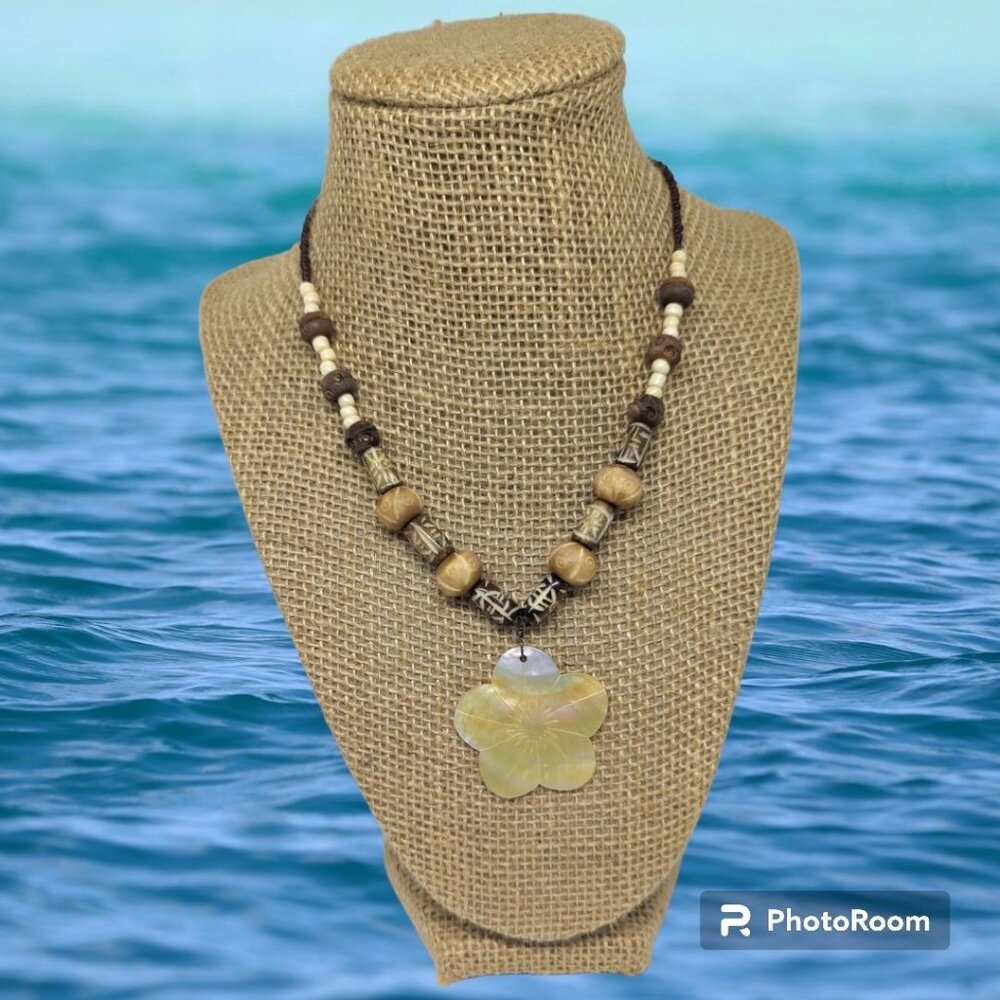 Seashell & Wood Beaded Necklace Princess Length Brown Cream
